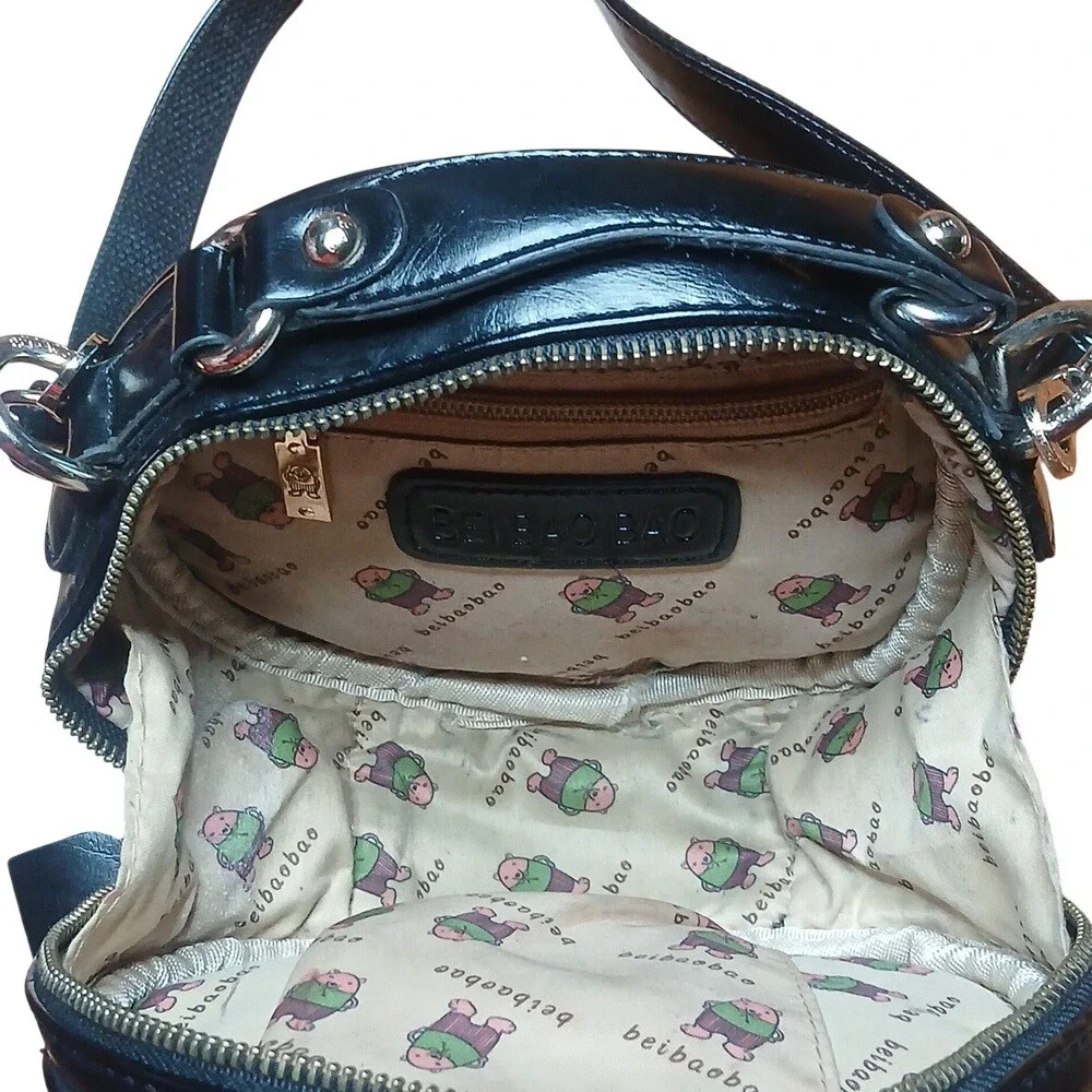Bei Bao Bao Crossbody‎ Bag Women Small Black Gold Bow Round Faux Leather Purse